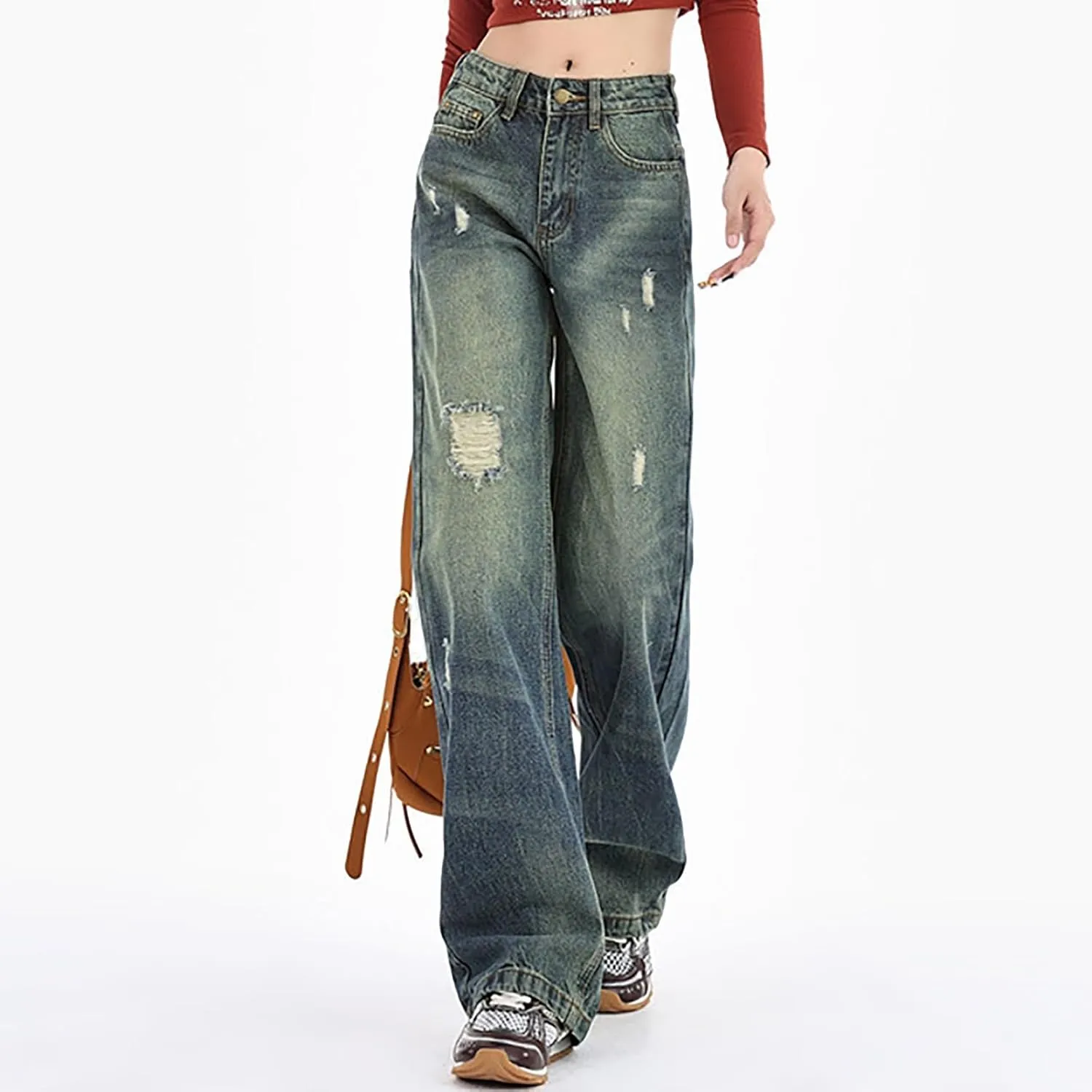 2024 Wide Leg Jeans for Women High Waist Stretchy Denim Capri Pants Fold Hem Cropped Baggy Denim Pants Trouser Jeans