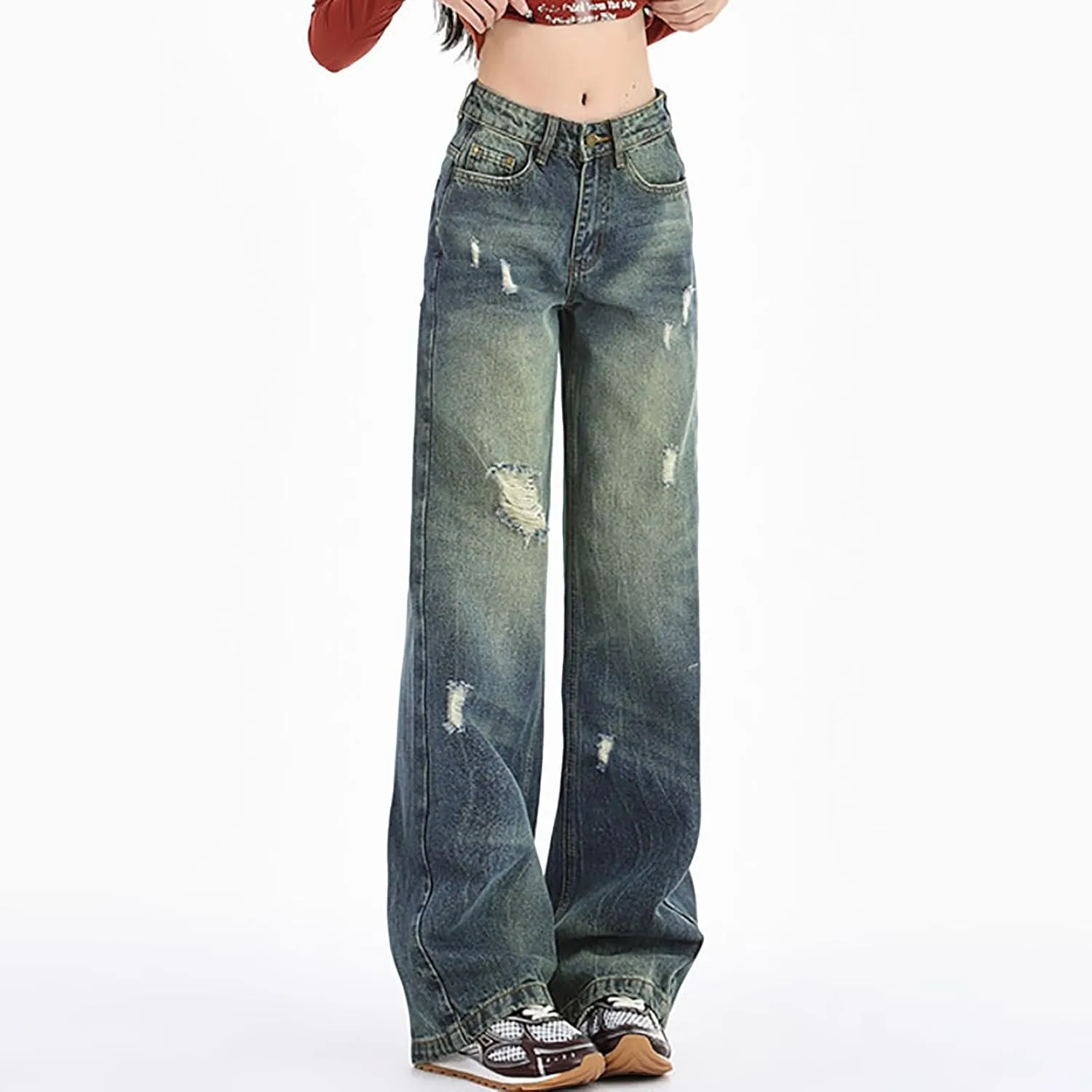 2024 Wide Leg Jeans for Women High Waist Stretchy Denim Capri Pants Fold Hem Cropped Baggy Denim Pants Trouser Jeans