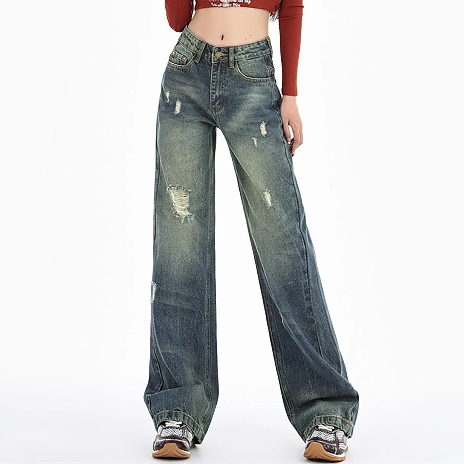 2024 Wide Leg Jeans for Women High Waist Stretchy Denim Capri Pants Fold Hem Cropped Baggy Denim Pants Trouser Jeans