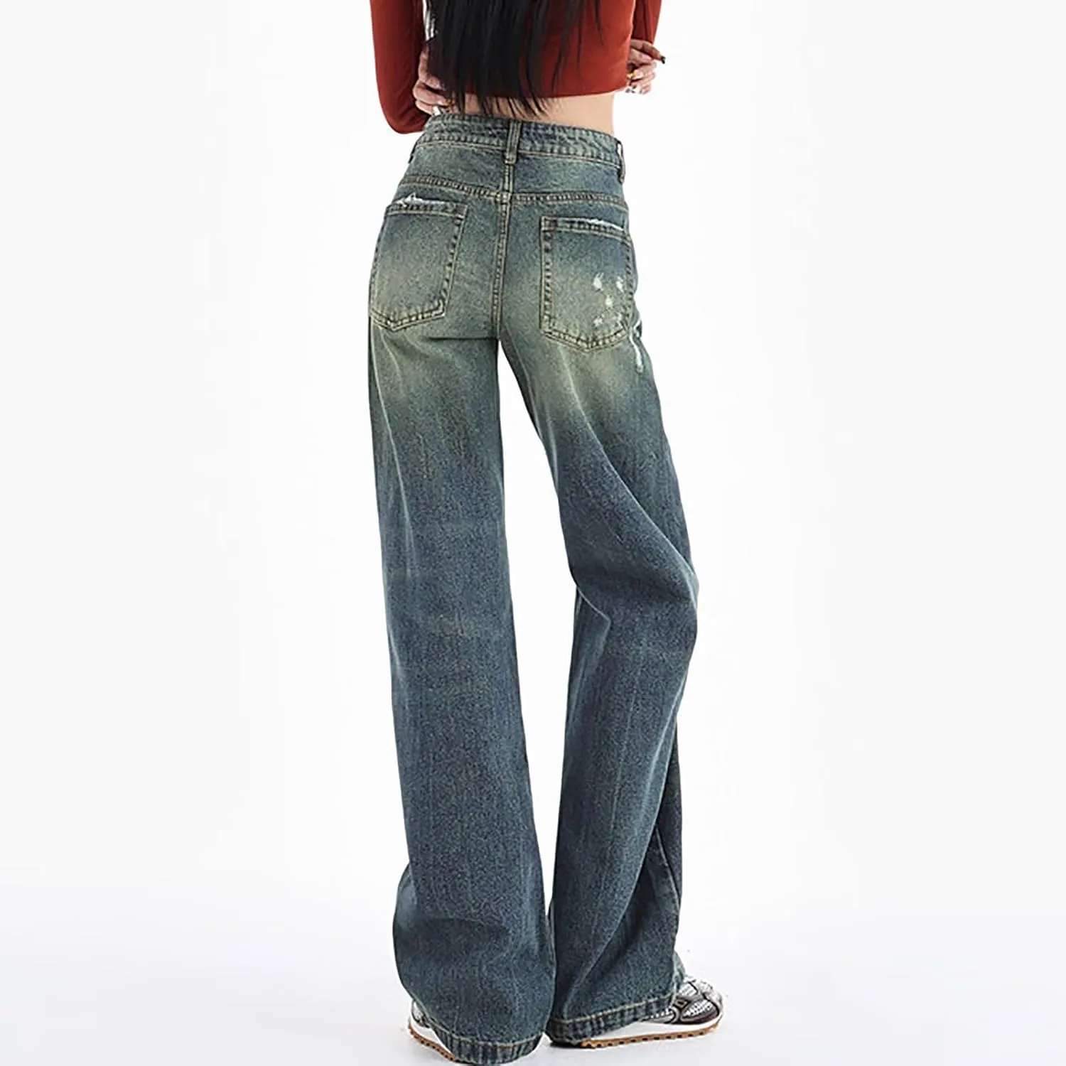 2024 Wide Leg Jeans for Women High Waist Stretchy Denim Capri Pants Fold Hem Cropped Baggy Denim Pants Trouser Jeans