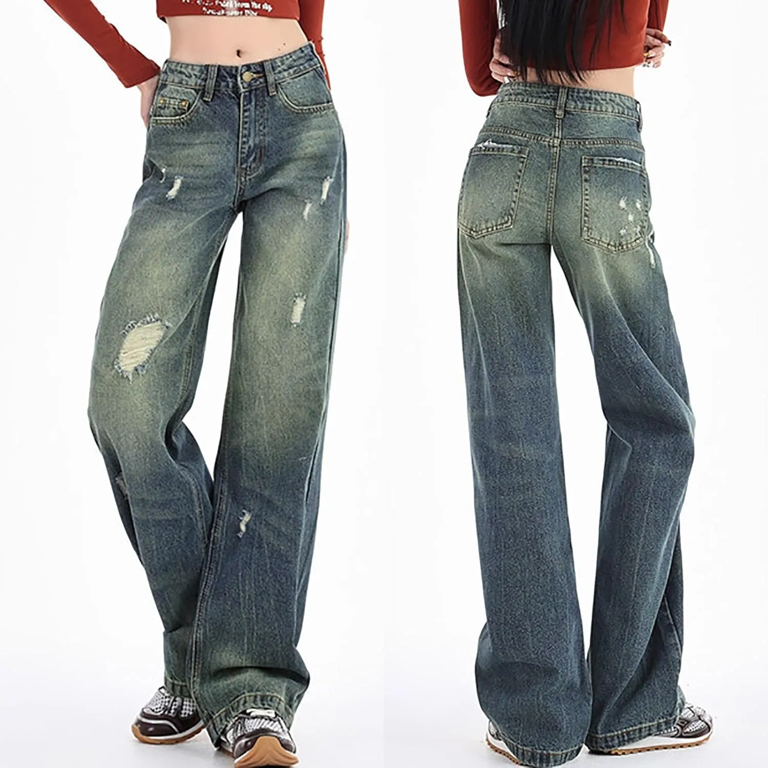 2024 Wide Leg Jeans for Women High Waist Stretchy Denim Capri Pants Fold Hem Cropped Baggy Denim Pants Trouser Jeans