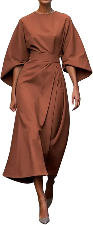 2025 Dresses for Women Elegant Classy 3/4 Lantern Sleeve Solid Color High Waist A Line Flowy Formal Evening Gowns Dress