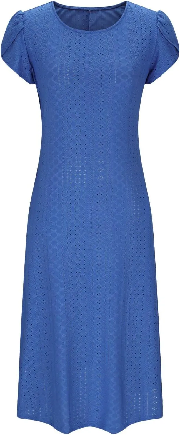 2025 Summer Dress for Womens Dressy Casual Sundress Hollow Out Eyelet Embroidery Maxi Dress Petal Sleeve Beach Dresses