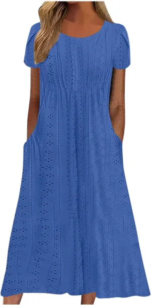 2025 Summer Dress for Womens Dressy Casual Sundress Hollow Out Eyelet Embroidery Maxi Dress Petal Sleeve Beach Dresses
