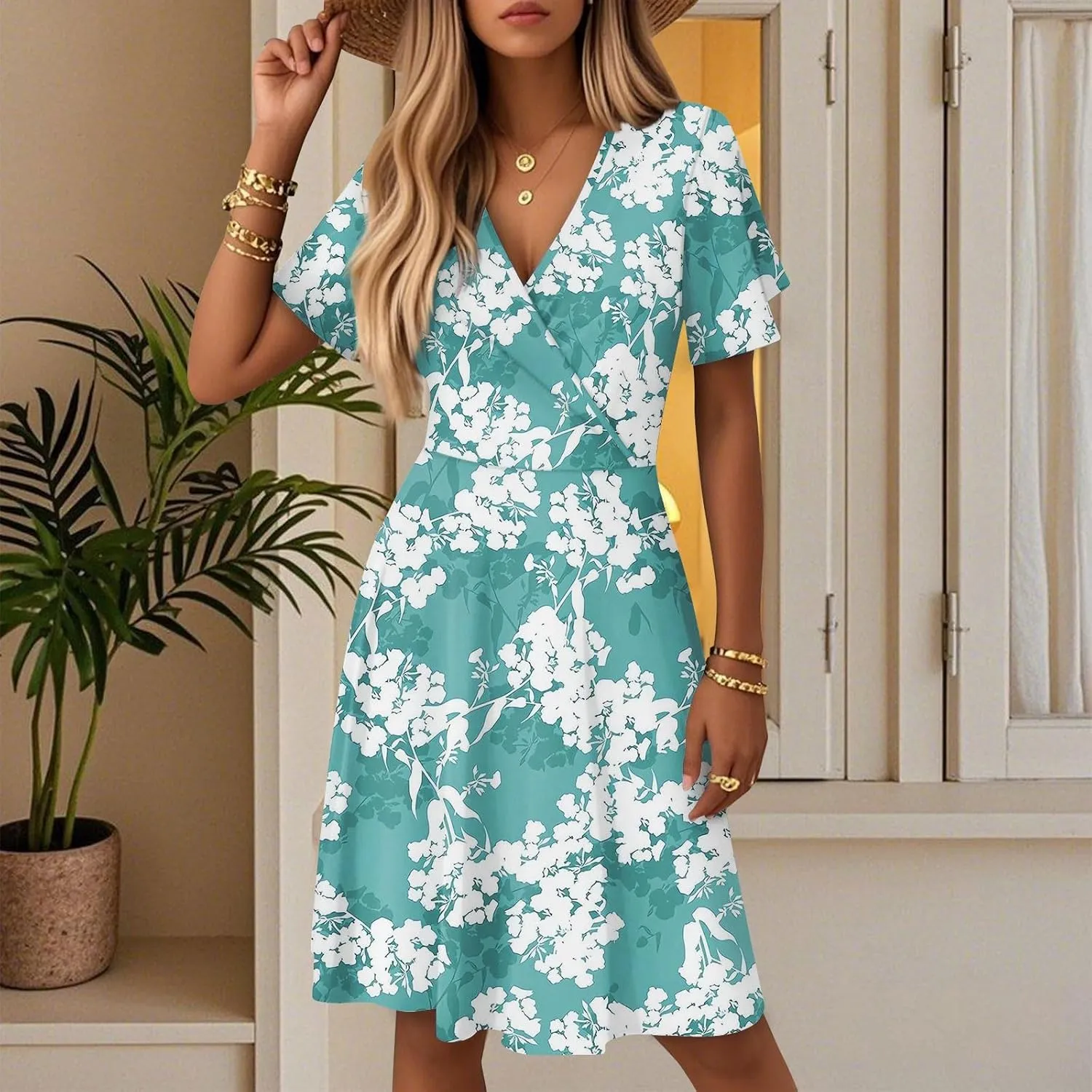 2025 Womens Sun Dress Summer Floral Short Sleeve Wrap V Neck A-Line Midi Dress Ladies Slit Dress