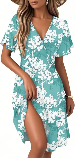 2025 Womens Sun Dress Summer Floral Short Sleeve Wrap V Neck A-Line Midi Dress Ladies Slit Dress