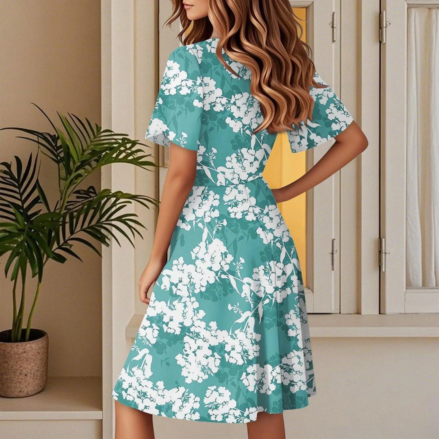 2025 Womens Sun Dress Summer Floral Short Sleeve Wrap V Neck A-Line Midi Dress Ladies Slit Dress
