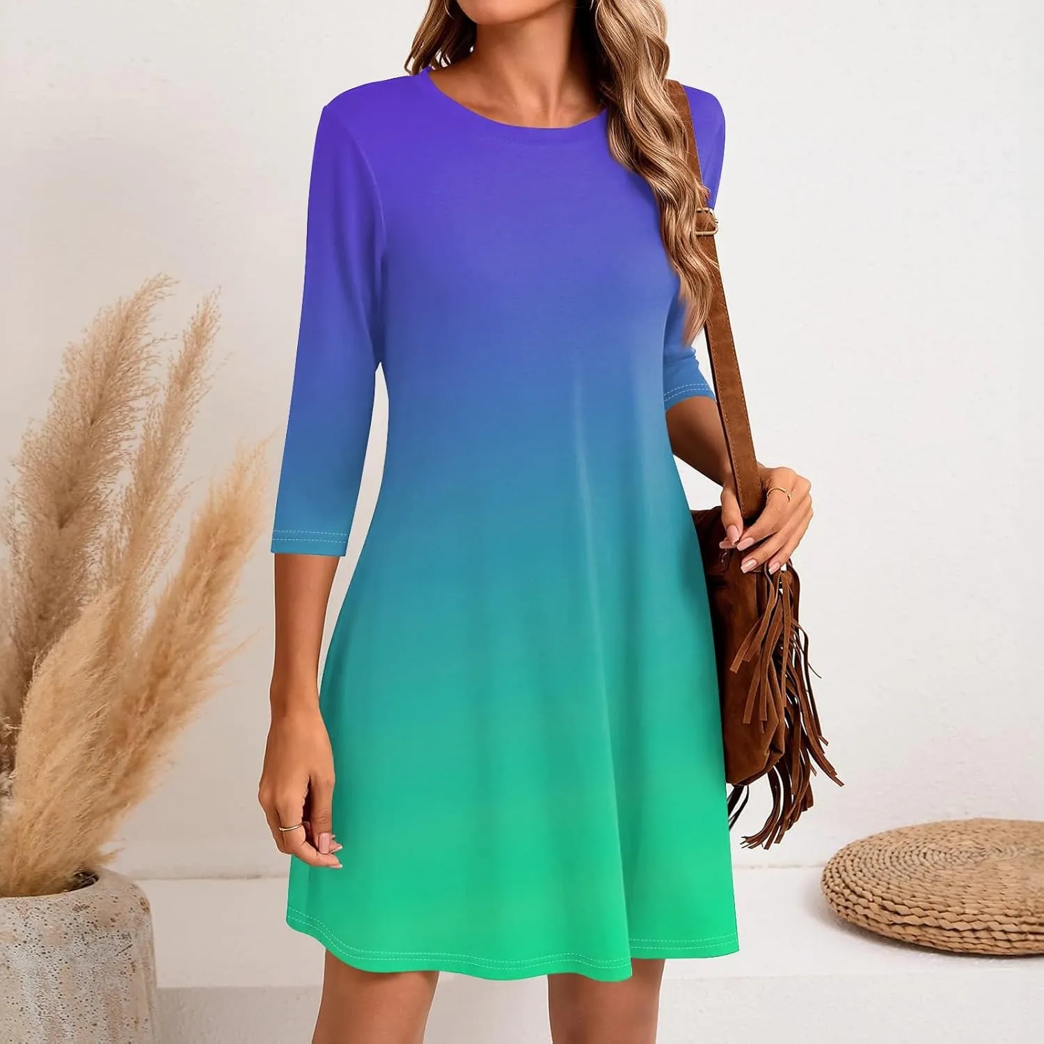 3/4 Sleeve Dress for Women T-Shirt Dresses Casual Crewneck Loose fit Swing Tunic Dresses Fall
