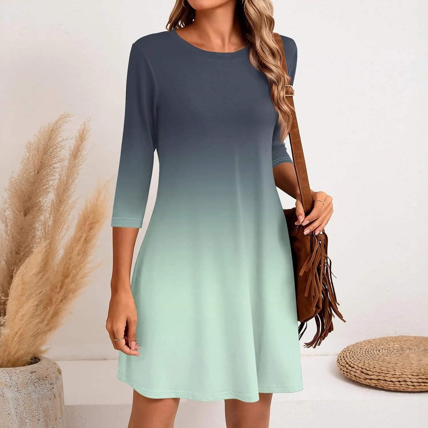 3/4 Sleeve Dress for Women T-Shirt Dresses Casual Crewneck Loose fit Swing Tunic Dresses Fall