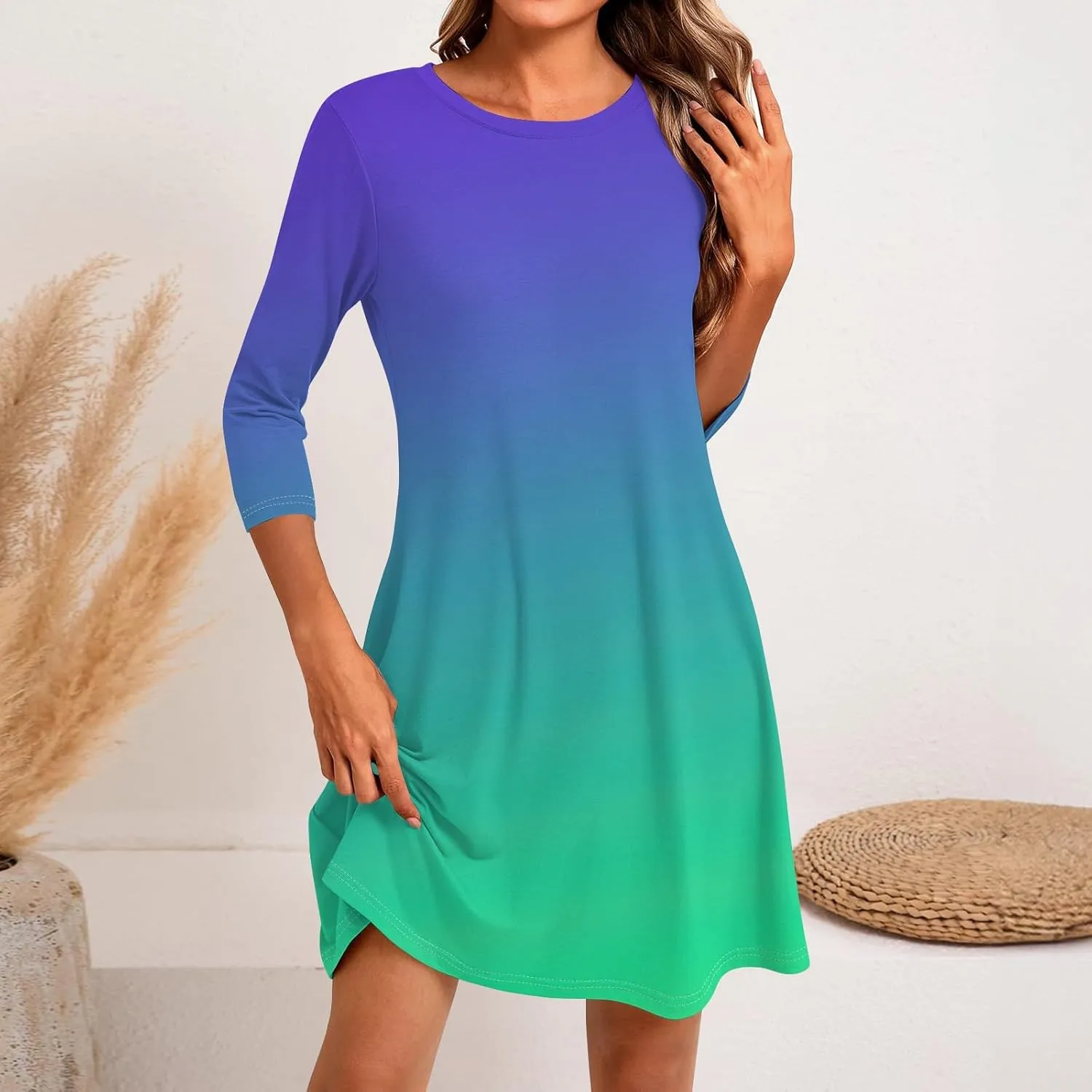 3/4 Sleeve Dress for Women T-Shirt Dresses Casual Crewneck Loose fit Swing Tunic Dresses Fall