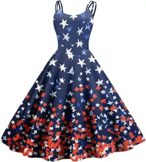 4th of July Womens Dresses Spaghetti Strap American Flag Print Midi Dress 2025 Trendy Summer Vintage Sundress Swing