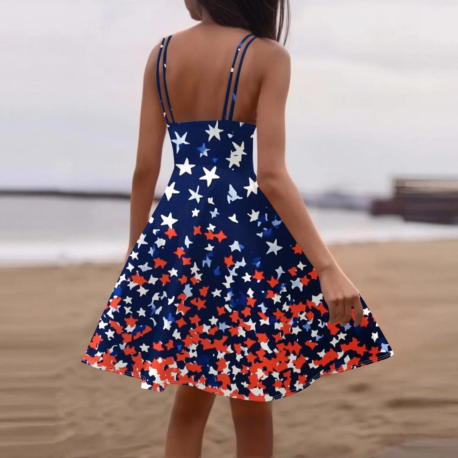 4th of July Womens Dresses Spaghetti Strap American Flag Print Midi Dress 2025 Trendy Summer Vintage Sundress Swing