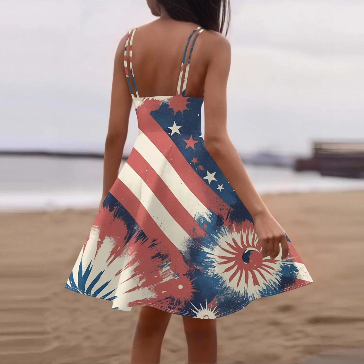 4th of July Womens Dresses Spaghetti Strap American Flag Print Midi Dress 2025 Trendy Summer Vintage Sundress Swing