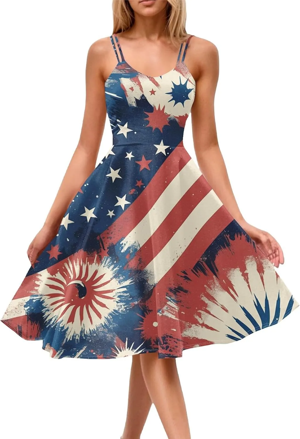 4th of July Womens Dresses Spaghetti Strap American Flag Print Midi Dress 2025 Trendy Summer Vintage Sundress Swing