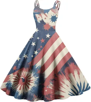 4th of July Womens Dresses Spaghetti Strap American Flag Print Midi Dress 2025 Trendy Summer Vintage Sundress Swing