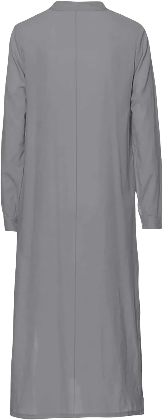 ADHOWBEW Womens Casual Long Sleeve V Neck Linen Maxi Dress with Pockets Loose Fit Dresses