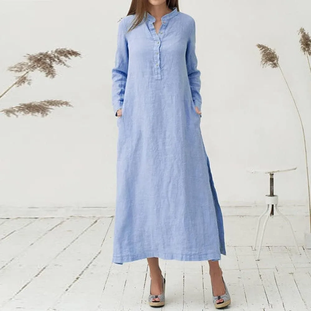ADHOWBEW Womens Casual Long Sleeve V Neck Linen Maxi Dress with Pockets Loose Fit Dresses