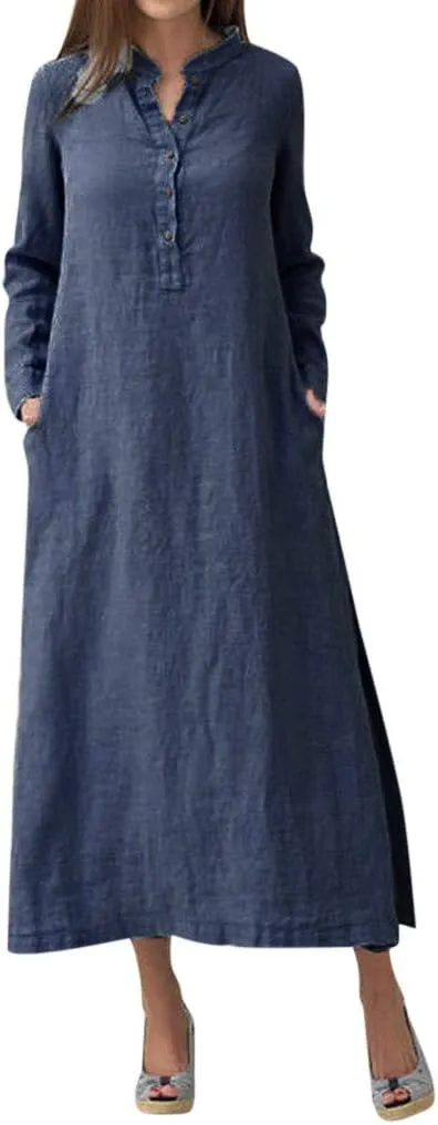 ADHOWBEW Womens Casual Long Sleeve V Neck Linen Maxi Dress with Pockets Loose Fit Dresses