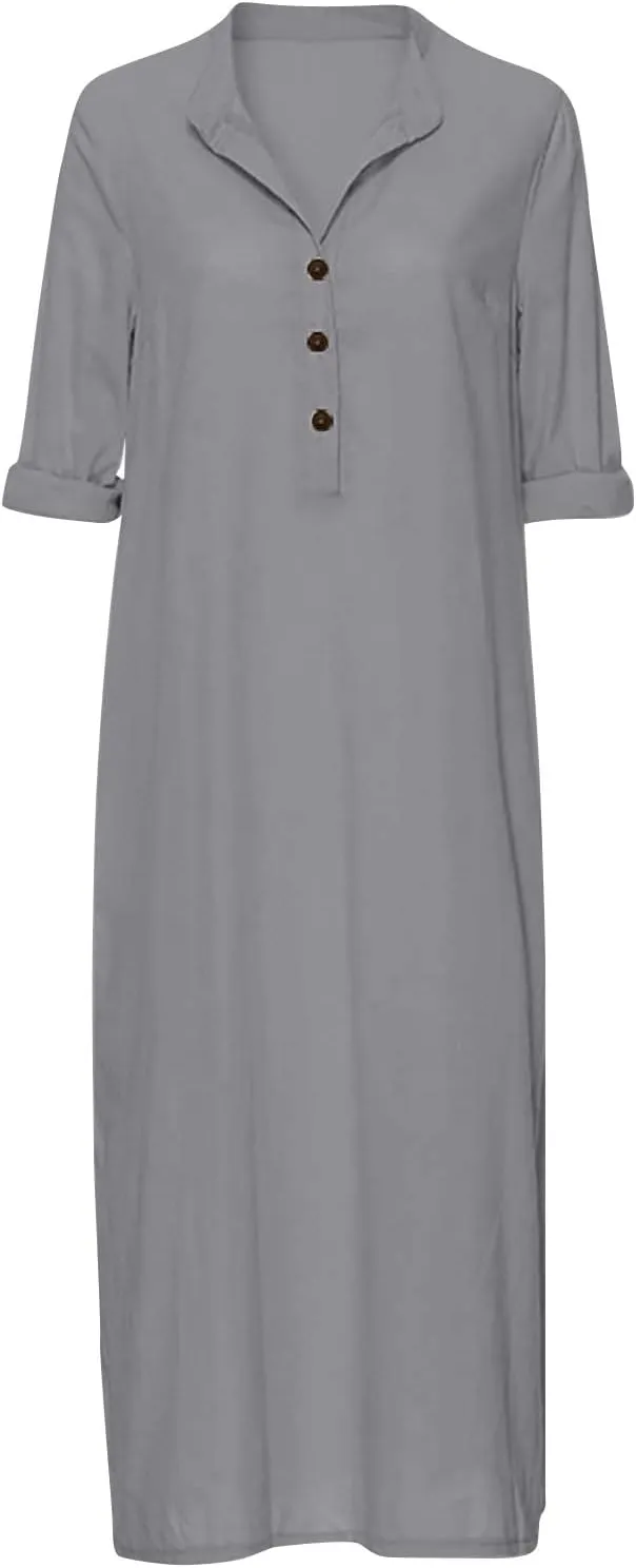 ADHOWBEW Womens Casual Long Sleeve V Neck Linen Maxi Dress with Pockets Loose Fit Dresses
