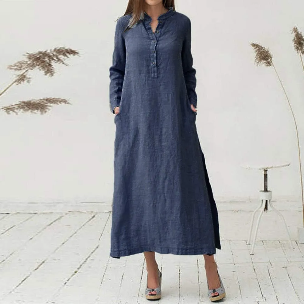 ADHOWBEW Womens Casual Long Sleeve V Neck Linen Maxi Dress with Pockets Loose Fit Dresses
