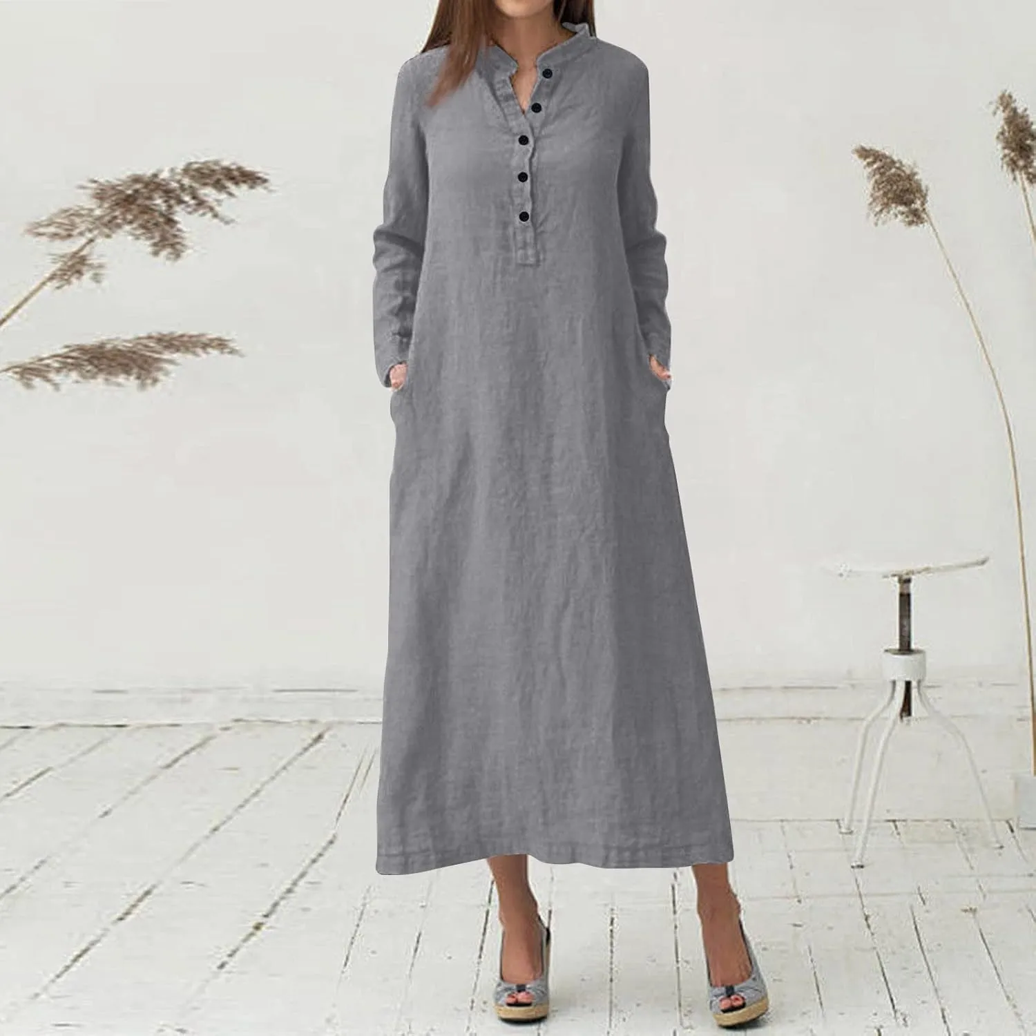ADHOWBEW Womens Casual Long Sleeve V Neck Linen Maxi Dress with Pockets Loose Fit Dresses