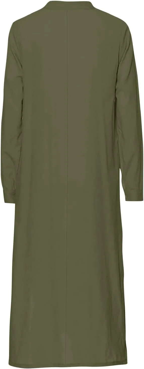 ADHOWBEW Womens Casual Long Sleeve V Neck Linen Maxi Dress with Pockets Loose Fit Dresses