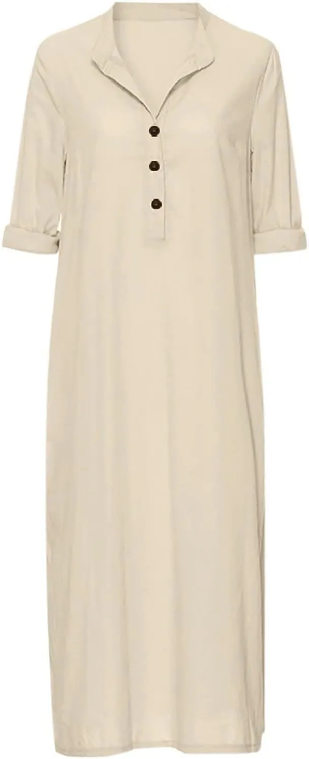 ADHOWBEW Womens Casual Long Sleeve V Neck Linen Maxi Dress with Pockets Loose Fit Dresses