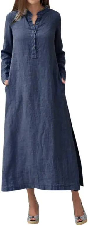 ADHOWBEW Womens Casual Long Sleeve V Neck Linen Maxi Dress with Pockets Loose Fit Dresses