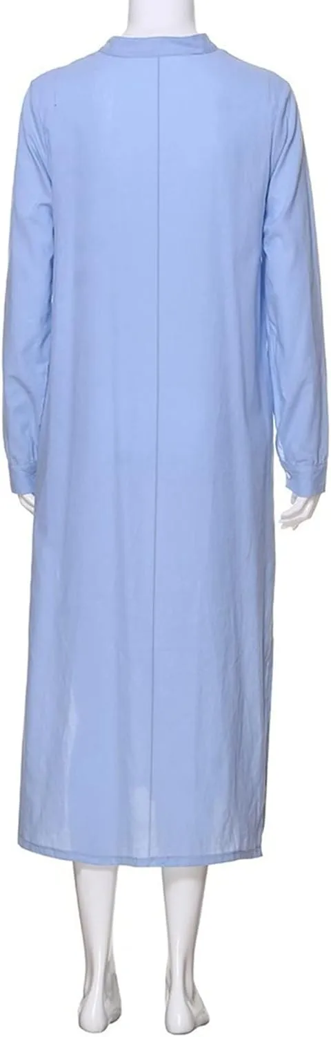 ADHOWBEW Womens Casual Long Sleeve V Neck Linen Maxi Dress with Pockets Loose Fit Dresses