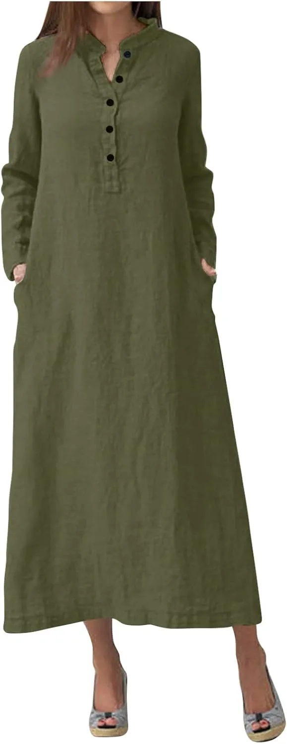 ADHOWBEW Womens Casual Long Sleeve V Neck Linen Maxi Dress with Pockets Loose Fit Dresses