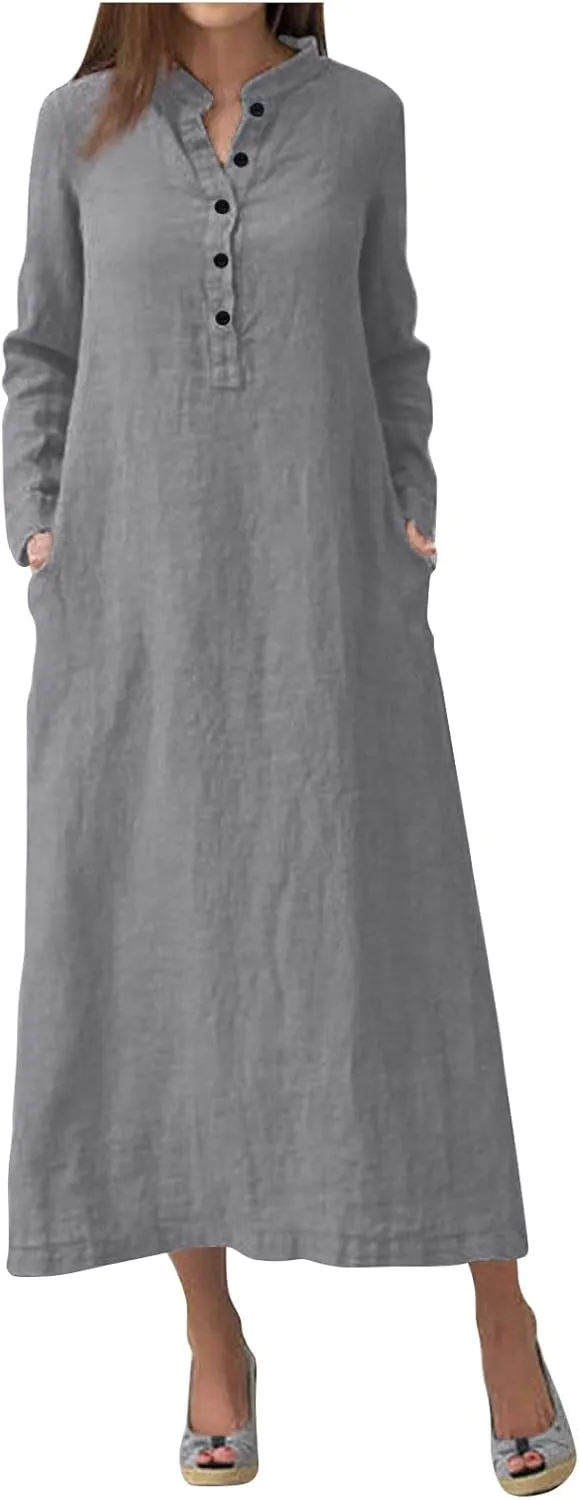 ADHOWBEW Womens Casual Long Sleeve V Neck Linen Maxi Dress with Pockets Loose Fit Dresses