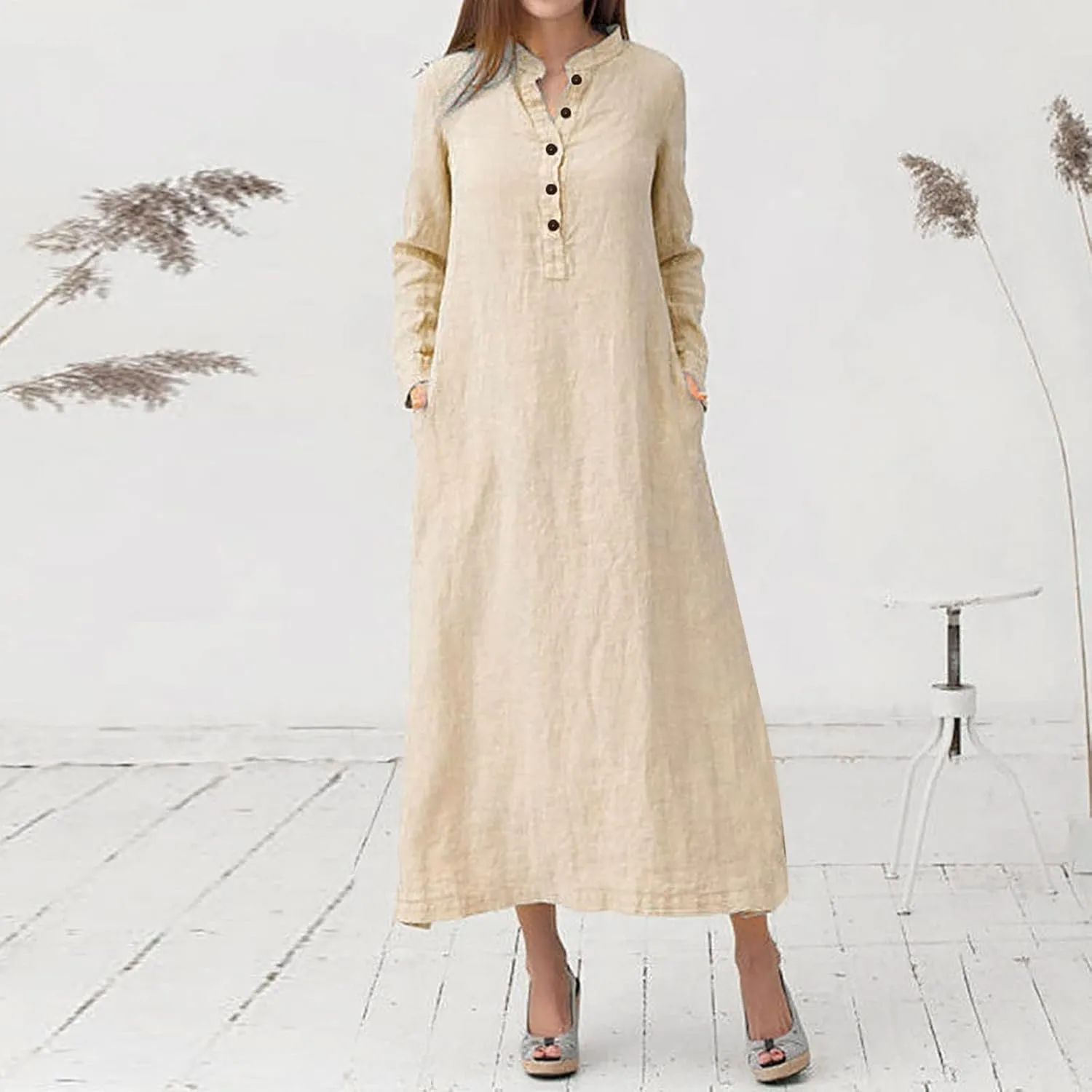 ADHOWBEW Womens Casual Long Sleeve V Neck Linen Maxi Dress with Pockets Loose Fit Dresses