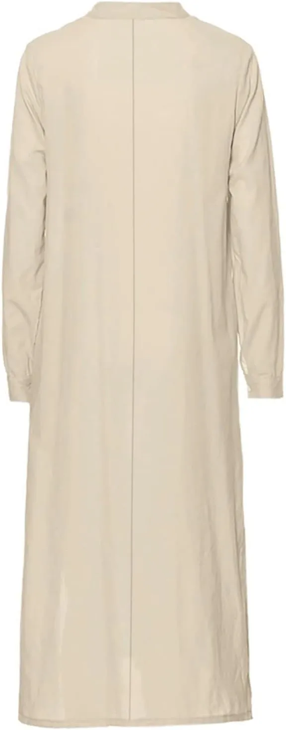 ADHOWBEW Womens Casual Long Sleeve V Neck Linen Maxi Dress with Pockets Loose Fit Dresses