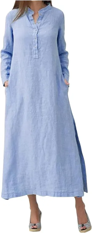 ADHOWBEW Womens Casual Long Sleeve V Neck Linen Maxi Dress with Pockets Loose Fit Dresses