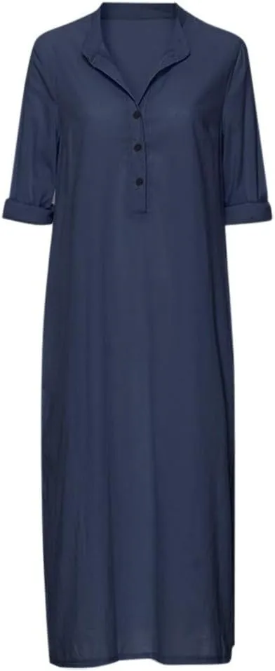 ADHOWBEW Womens Casual Long Sleeve V Neck Linen Maxi Dress with Pockets Loose Fit Dresses