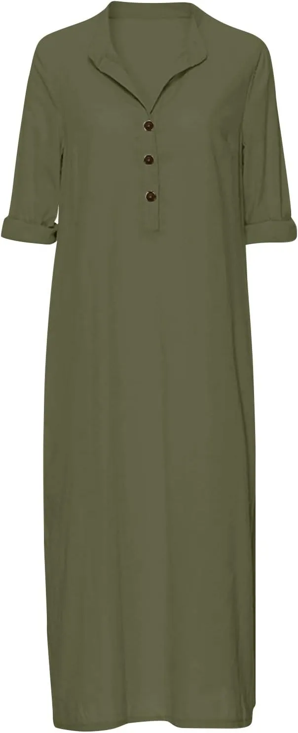 ADHOWBEW Womens Casual Long Sleeve V Neck Linen Maxi Dress with Pockets Loose Fit Dresses