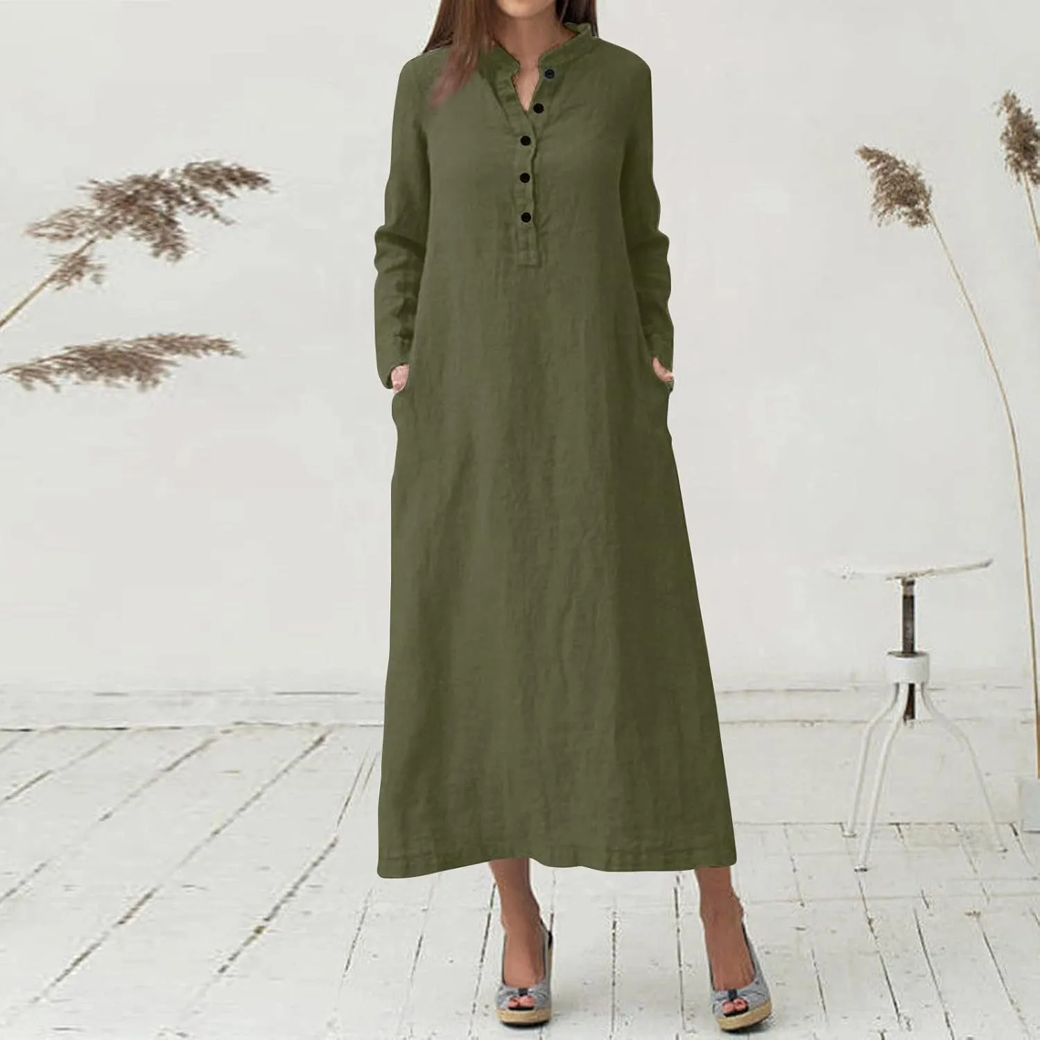 ADHOWBEW Womens Casual Long Sleeve V Neck Linen Maxi Dress with Pockets Loose Fit Dresses