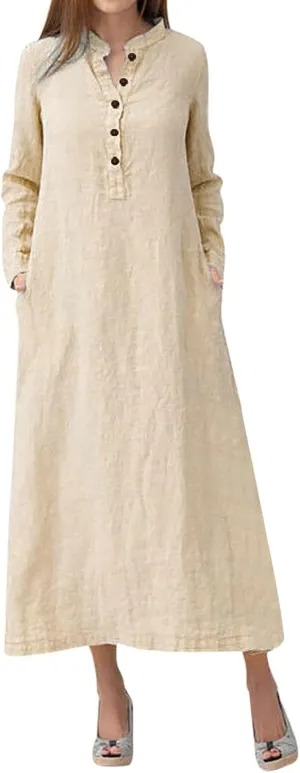 ADHOWBEW Womens Casual Long Sleeve V Neck Linen Maxi Dress with Pockets Loose Fit Dresses