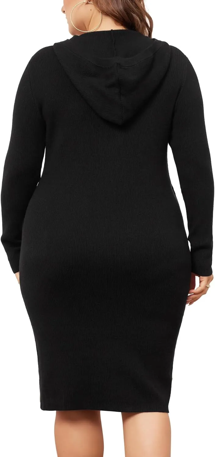 Agnes Orinda Plus Size Women 2024 Fall Sweater Dresses Pullover Hooded with Pocket Midi Winter Knit Sweater Dress