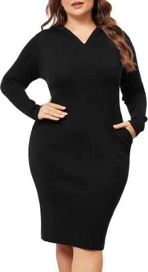 Agnes Orinda Plus Size Women 2024 Fall Sweater Dresses Pullover Hooded with Pocket Midi Winter Knit Sweater Dress