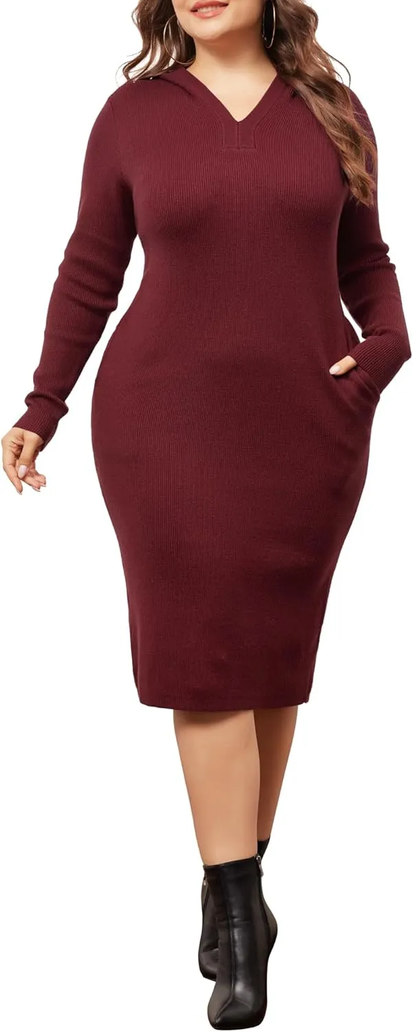 Agnes Orinda Plus Size Women 2024 Fall Sweater Dresses Pullover Hooded with Pocket Midi Winter Knit Sweater Dress