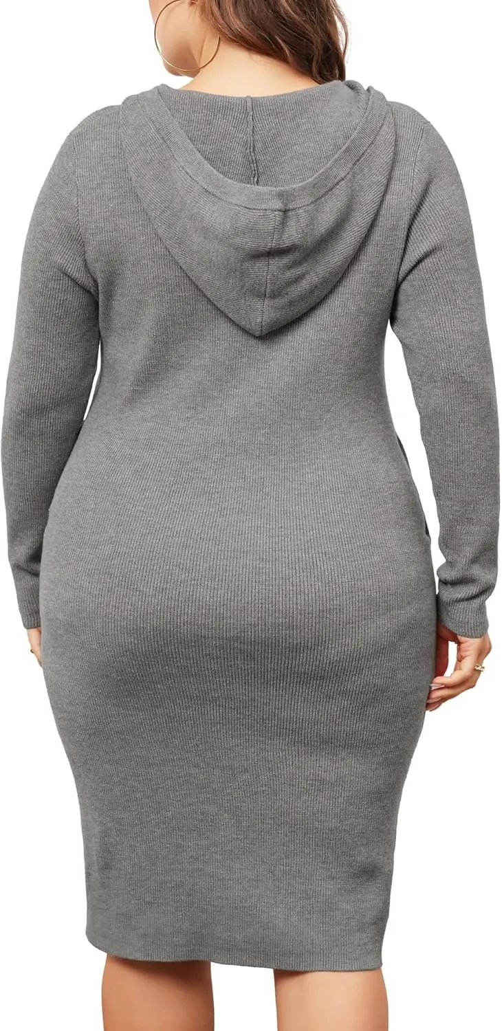 Agnes Orinda Plus Size Women 2024 Fall Sweater Dresses Pullover Hooded with Pocket Midi Winter Knit Sweater Dress