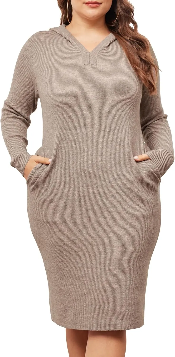 Agnes Orinda Plus Size Women 2024 Fall Sweater Dresses Pullover Hooded with Pocket Midi Winter Knit Sweater Dress