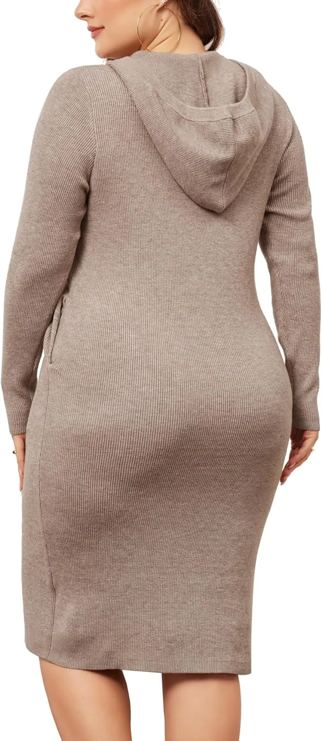 Agnes Orinda Plus Size Women 2024 Fall Sweater Dresses Pullover Hooded with Pocket Midi Winter Knit Sweater Dress