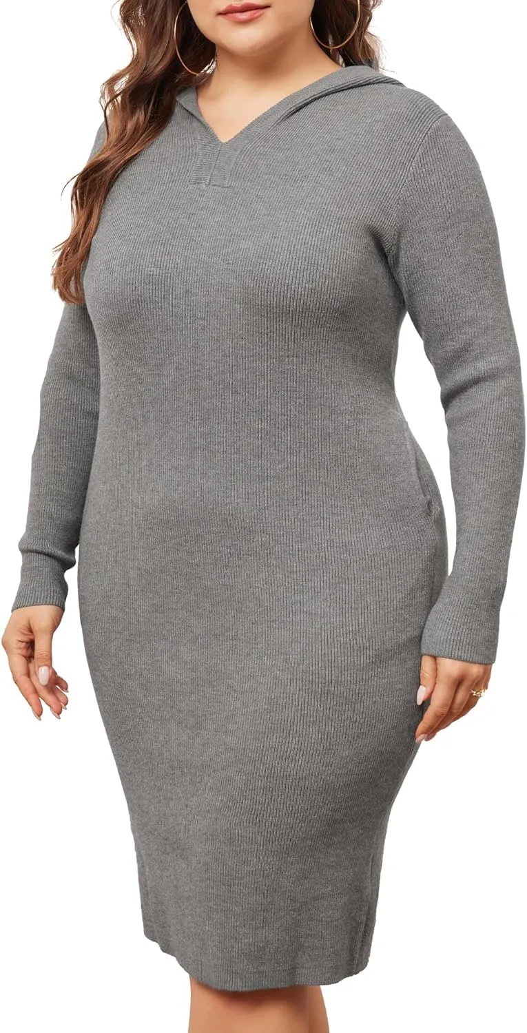 Agnes Orinda Plus Size Women 2024 Fall Sweater Dresses Pullover Hooded with Pocket Midi Winter Knit Sweater Dress