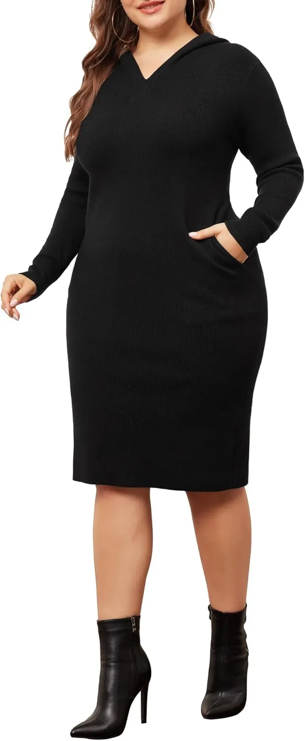 Agnes Orinda Plus Size Women 2024 Fall Sweater Dresses Pullover Hooded with Pocket Midi Winter Knit Sweater Dress