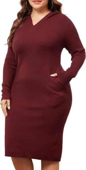 Agnes Orinda Plus Size Women 2024 Fall Sweater Dresses Pullover Hooded with Pocket Midi Winter Knit Sweater Dress