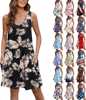 aihihe Summer Dresses for Women 2024 Boho Beach Sundress Loose Fit V Neck Sleeveless Midi Dress Flowy Dress with Pockets