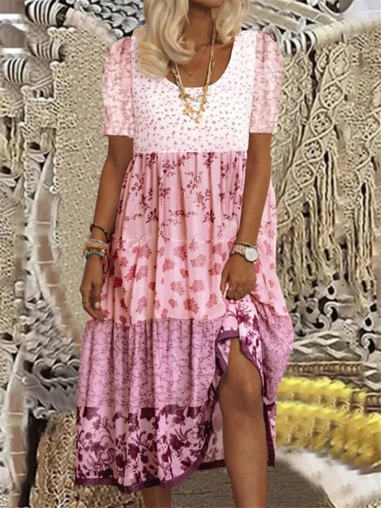 Akivide Womens Summer Bohemian Floral Dress Casual Loose Short Sleeve Midi Dress Flowy Beach Boho Sundress