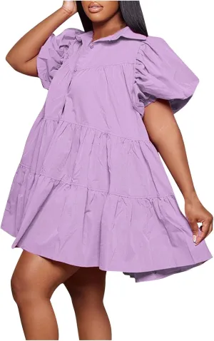Akklian Womens Cute Babydoll Dresses Casual Loose Puff Sleeve Ruffle Button Down Pleated Shirt Dress Trendy Summer Mini Dress